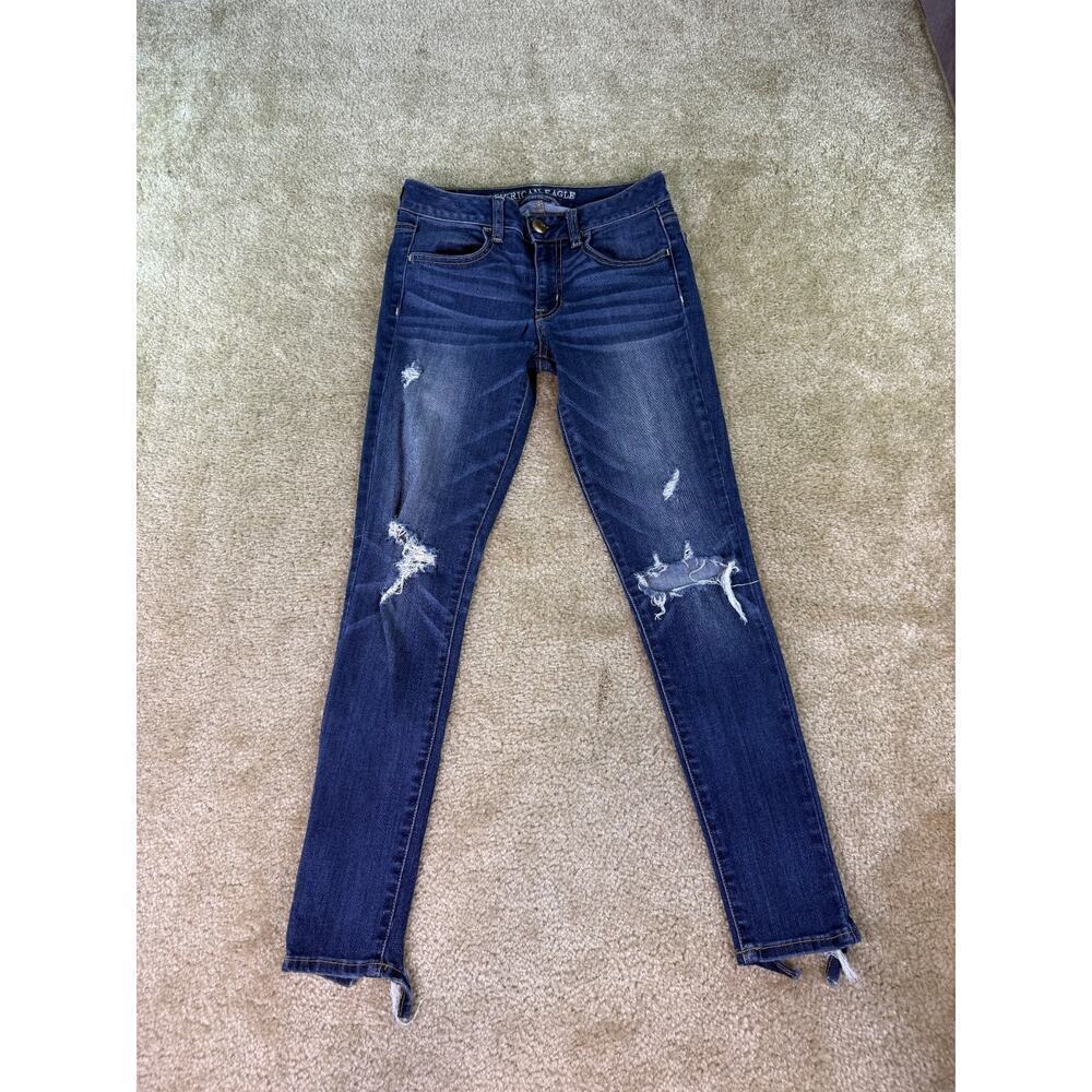 American Eagle Women Blue Super Stretch Jegging Distressed Size 2 Short C391